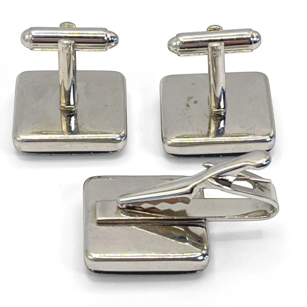 Vintage Royal Guard Soldier Cufflinks Tie Clip Set Silver Tone Black Red Mens